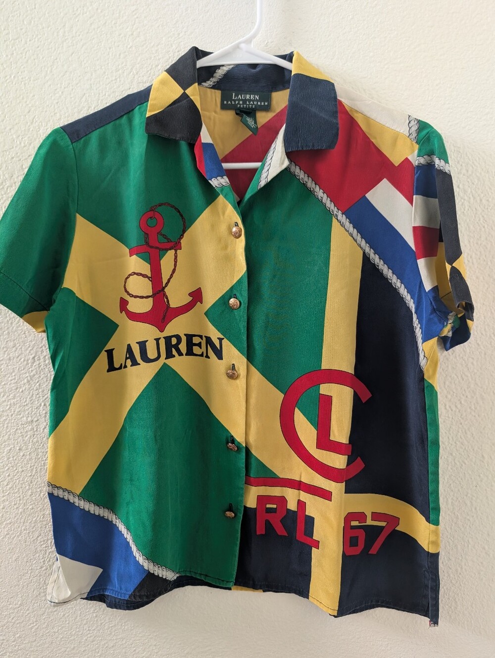 Lauren Ralph Lauren Nautical Logo Silk Button Blouse  Petite Vintage Medium